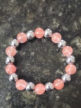 Handmade Cherry Quartz and Silver Beaded Bracelet
